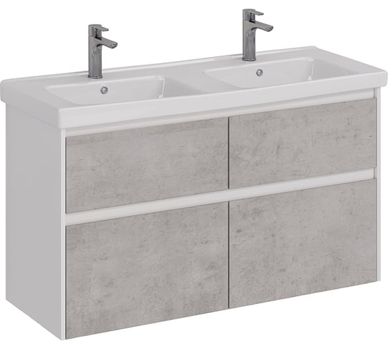 Изображение товара Тумба Lemark COMBI 125 см под 2 раковины, подвесная/напольная,4 ящика, цвет фасада: Бетон, цвет корпуса: Белый глянец LM03C125T-Beton
