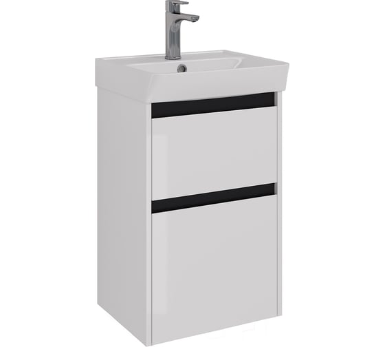 Изображение товара Тумба Lemark COMBI 45 см под 1 раковину, подвесная/напольная, 2 ящика, цвет планки: Чёрный, цвет корпуса, фасада: Белый глянец LM03C45T-black
