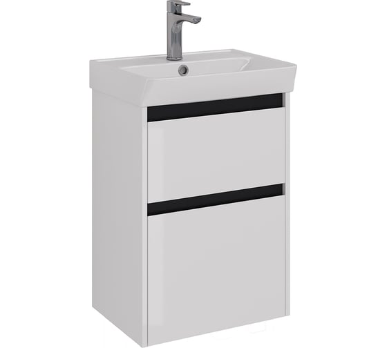 Изображение товара Тумба Lemark COMBI 50 см под 1 раковину, подвесная/напольная, 2 ящика, цвет планки: Чёрный, цвет корпуса, фасада: Белый глянец LM03C50T-black