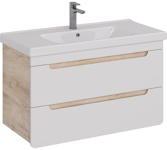 Изображение товара Тумба Lemark OLIVIA 100 см под 1 раковину, подвесная, 2 ящика, цвет корпуса: Дуб кантри, цвет фасада: Белый глянец LM08OL100T