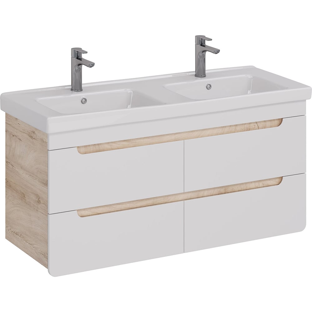 Изображение товара Тумба Lemark OLIVIA 125 см под 2 раковины, подвесная,4 ящика, цвет корпуса: Дуб кантри, цвет фасада: Белый глянец LM08OL125T