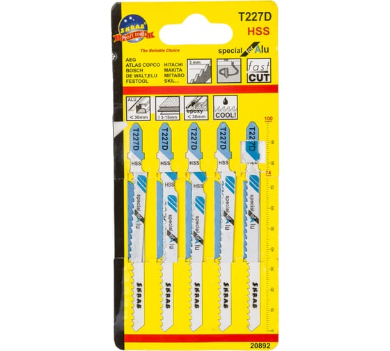 Изображение товара Пилки Т-227 D  (5 шт; 3.0 мм; HSS; EU-хвостовик) для лобзика SKRAB 20892
