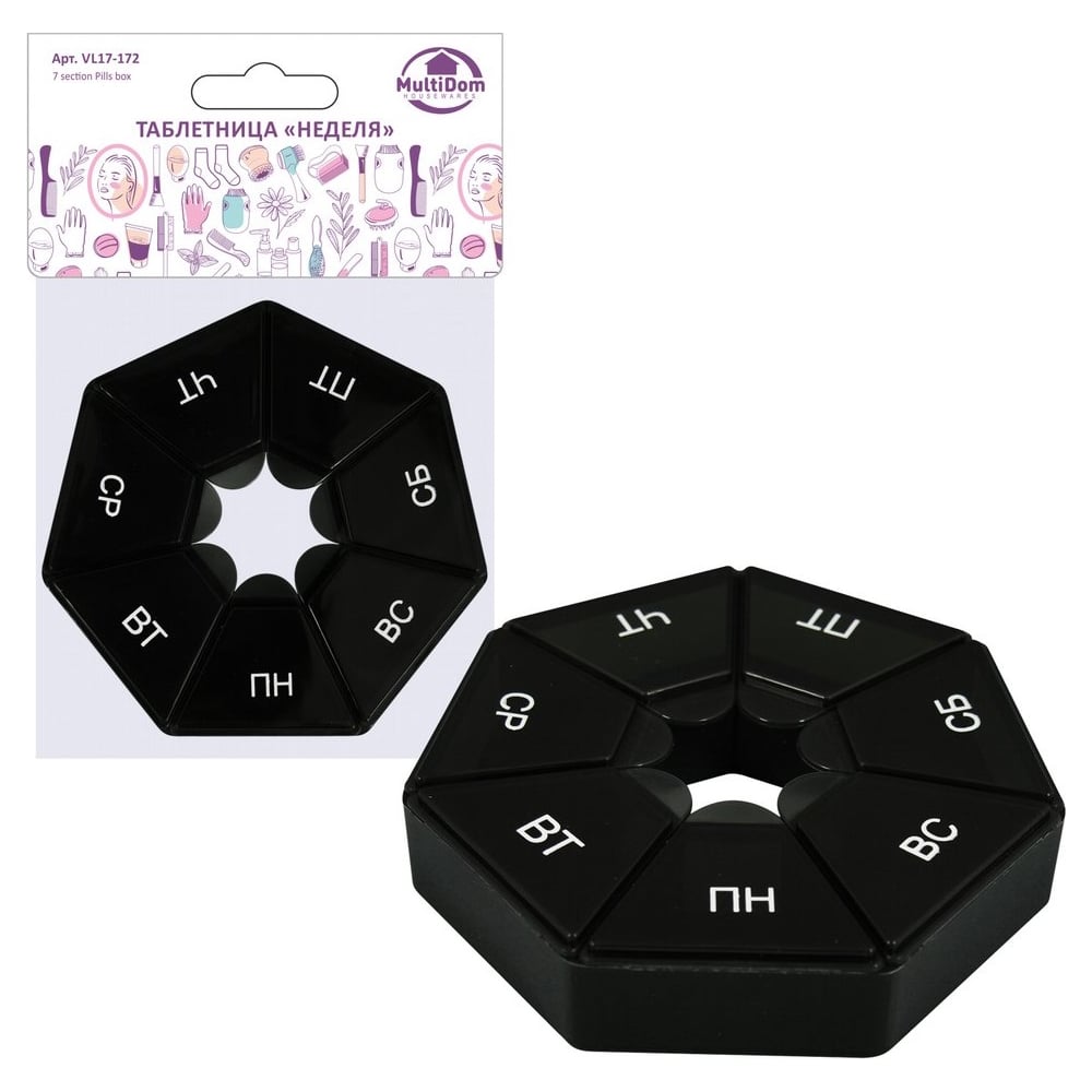 Изображение товара Таблетница МУЛЬТИДОМ Неделя Размер 8x8х1,5 см VL17-172 для хранения медикаментов