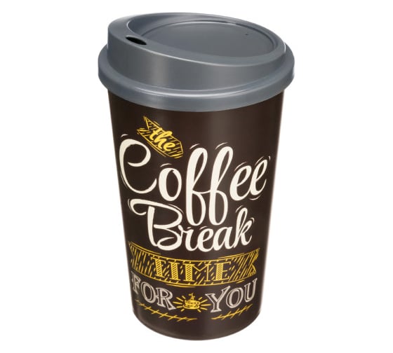 Изображение товара Стакан для горячих и холодных напитков с крышкой и декором Phibo "COFFE" 400 мл, Коричневый 435239414