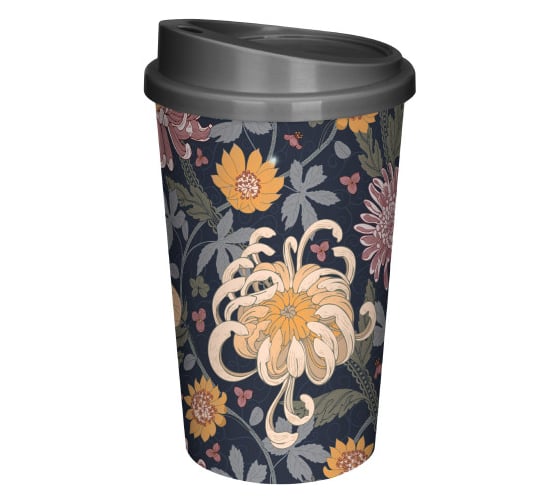 Изображение товара Стакан для горячих и холодных напитков с крышкой и декором Phibo "ХРИЗАНТЕМЫ" 400 мл, Черный 435239413