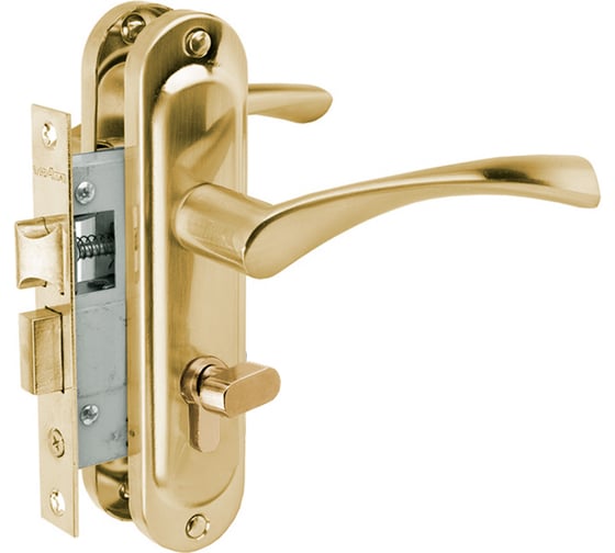 Изображение товара Замок врезной Vrata 50/76-ЦМВ70 цилиндровый с защелкой, с ручкой, золото 210304