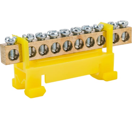 Изображение товара Шина EKF "0" PE, 10 отверстий, латунь, желтый изолятор, тип "Стойка" на DIN-рейку PROxima sn0-63-10-sy