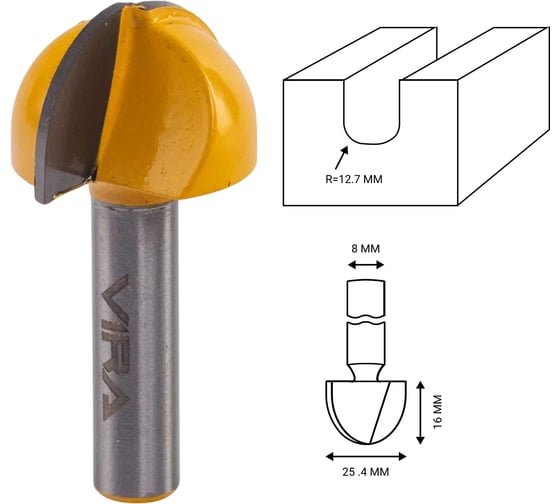 Изображение товара Фреза пазовая галтельная (25.4х16 мм; R12.7 мм; хвостовик 8 мм) VIRA 553342