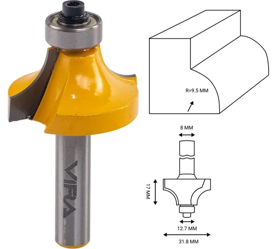 Изображение товара Фреза кромочная калевочная по дереву (31.8х17 мм; R9.5 мм; хвостовик 8 мм) VIRA 553356