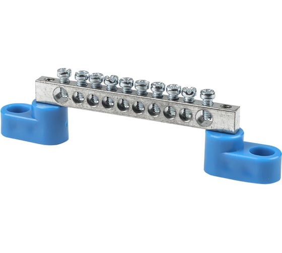 Изображение товара Шина "0" EKF N, 10 отверстий, цинк, 2 синих угловых изолятора 10 шт sn1-63-10-2