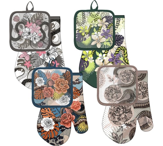 Изображение товара Прихватка с рукавицей МУЛЬТИДОМ "Тайны джунглей", набор из 2-х предметов, 17x27, 4 дизайна HN88-498