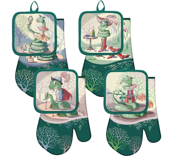 Изображение товара Прихватка с рукавицей МУЛЬТИДОМ "Светский образ", набор из 2-х предметов, 17x27, 4 дизайна HN88-507