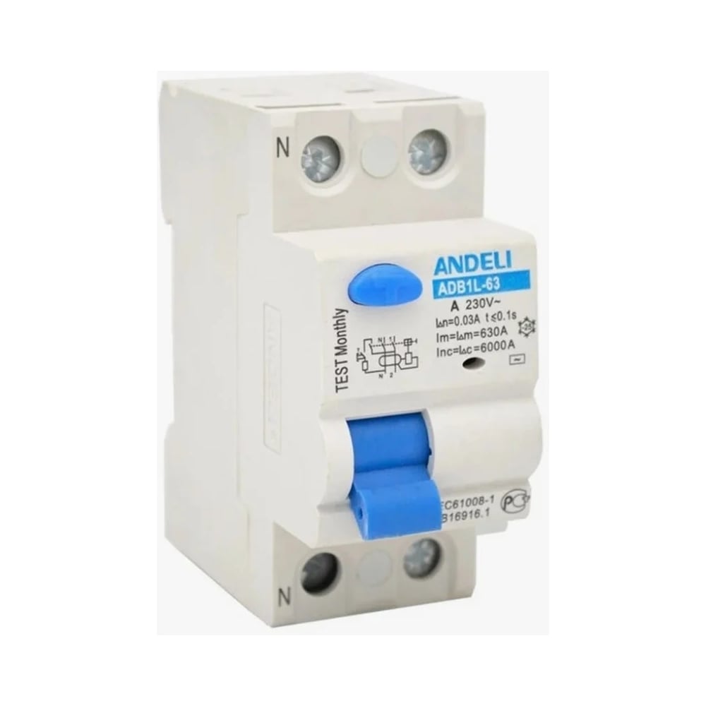 Изображение товара УЗО ANDELI ADB1L-63 2P 10A 30 мА тип AC DIN-рейка