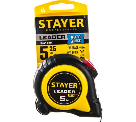 Изображение товара Рулетка Stayer LEADER 5м / 25мм с автостопом в ударостойком обрезиненном корпусе 3402-5_z02