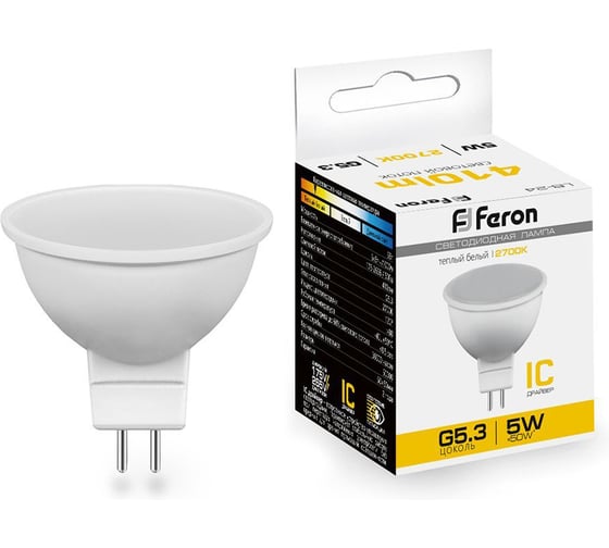 Изображение товара Лампа FERON LED 5вт 230в, G5.3, тепло-белый 25127