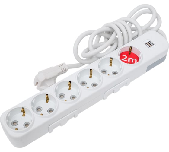 Изображение товара Удлинитель ELBI Myra с заземлением, 6 гнезд, с защитными шторками, USB, 2м, 3x1,5 527-040202-621