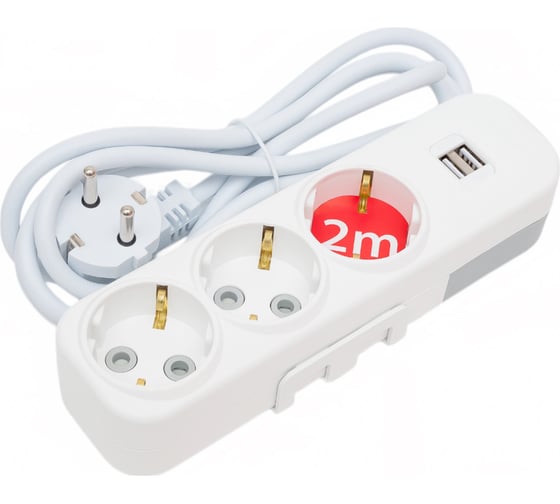 Изображение товара Удлинитель ELBI Myra с заземлением, 3 гнезда, с защитными шторками, USB, 2м, 3x1 527-040202-311