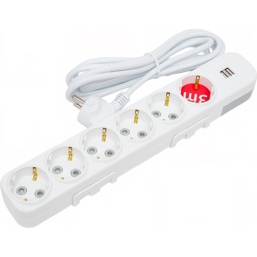 Изображение товара Удлинитель ELBI Myra с заземлением 6 гнезд USB IP20 3м белый