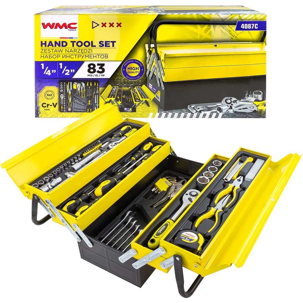 Изображение товара Набор инструмента WMC TOOLS 83 пр. 6гр., в металлическом складном кейсе WMC-4087C(47735) Изображение товара Набор инструмента WMC TOOLS 83 пр. 6гр., в металлическом складном кейсе WMC-4087C(47735)
