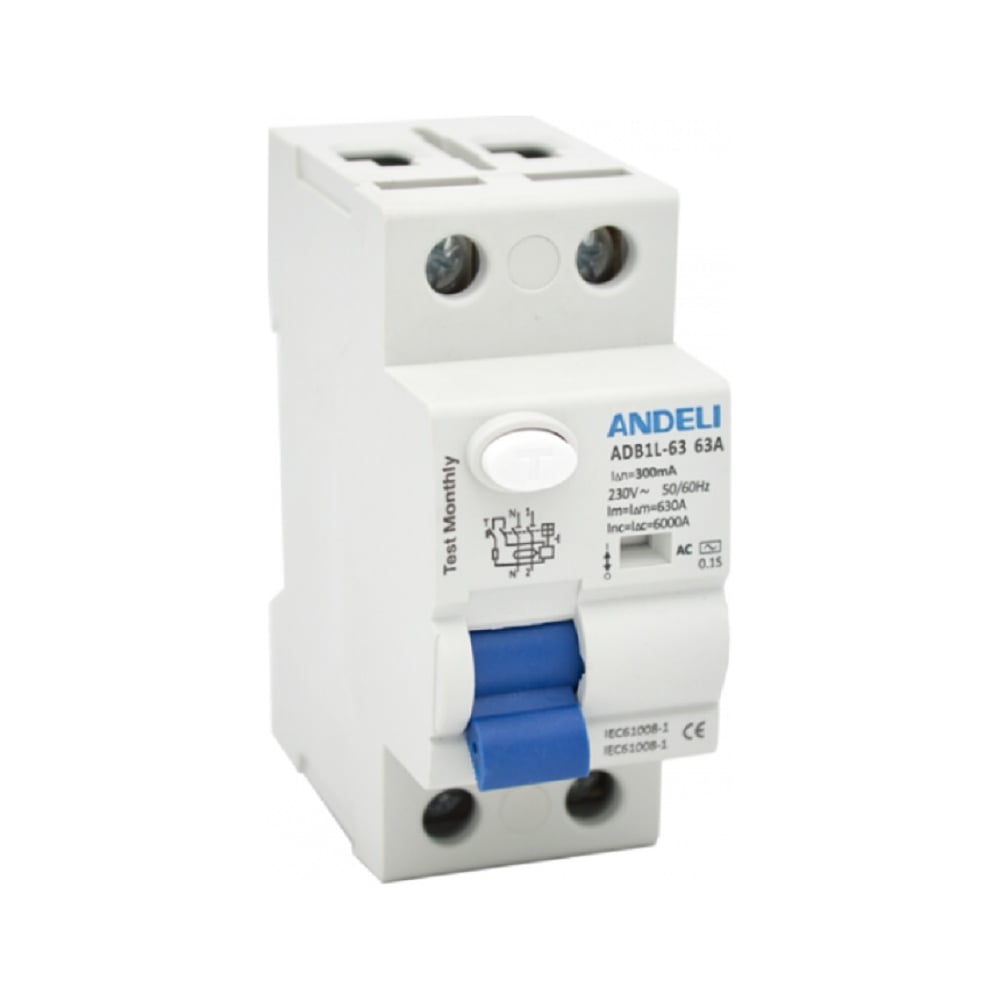 Изображение товара УЗО ANDELI ADB1L-63 2P 63A ток утечки 100mA