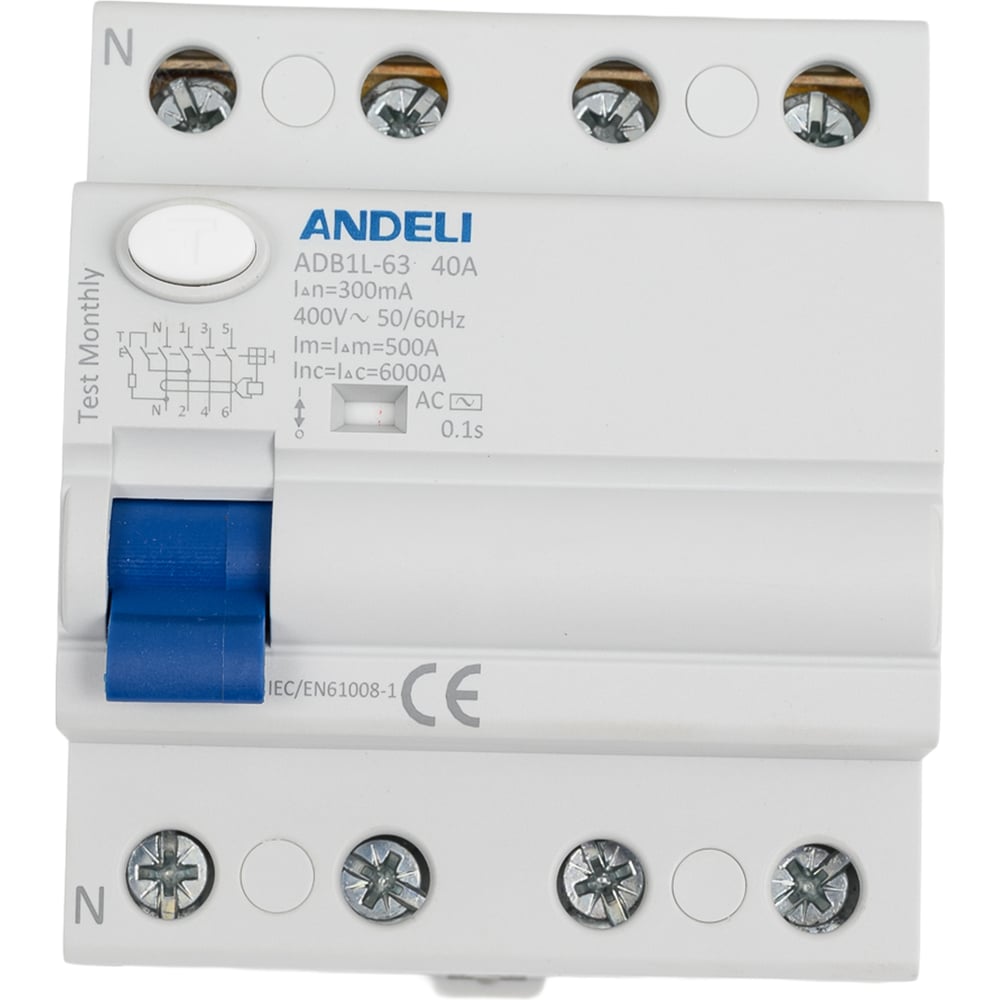 Изображение товара УЗО ANDELI ADB1L-63 4P 40A ток утечки 300мА тип AC для безопасной электросети