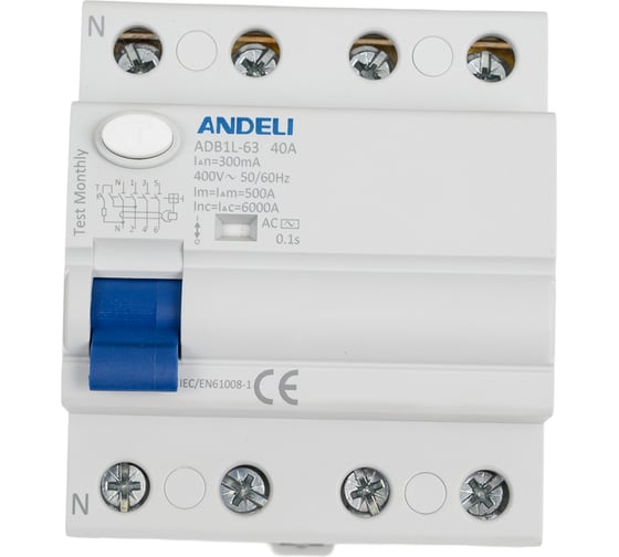 Изображение товара УЗО ANDELI ADB1L-63 4P 40A ток утечки 300mA тип AC 6kA ADL03-017