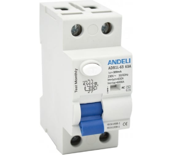 Изображение товара УЗО ANDELI ADB1L-63 2P 40A ток утечки 300mA тип AC 6kA ADL03-014