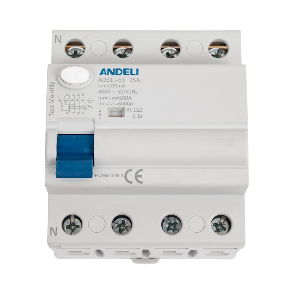 Изображение товара УЗО ANDELI ADB1L-63 4P 25A 100mA тип AC для защиты электросетей