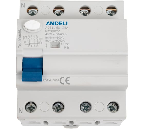 Изображение товара УЗО ANDELI ADB1L-63 4P 25A 100mA тип AC 6kA ADL03-010