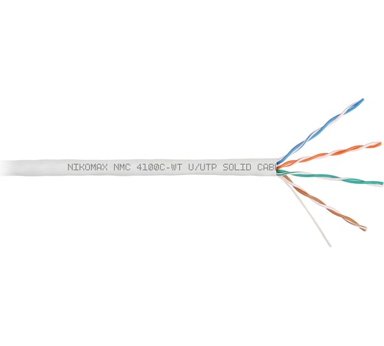 Изображение товара Кабель NIKOMAX U/UTP 4 пары, Кат.5e (Класс D), тест по ISO/IEC, 100МГц, одножильный, BC (чистая медь), 24AWG (0,51мм), полимерный материал нг(А)-HF, внутренний, белый, 305м NMC 4100C-WT