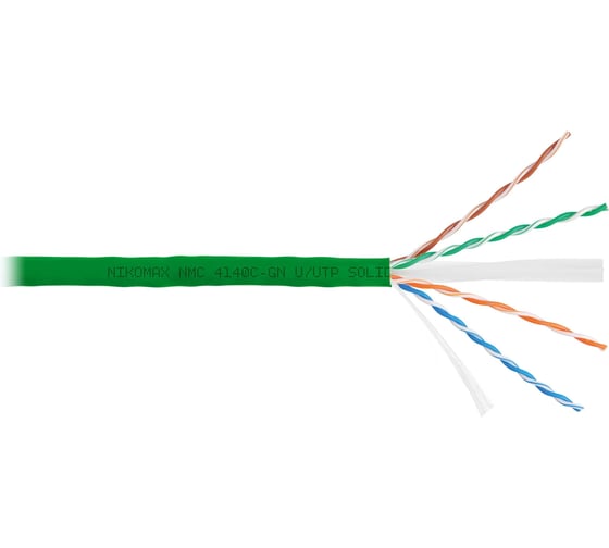 Изображение товара Кабель NIKOMAX U/UTP 4 пары, Кат.6 (Класс E), тест по ISO/IEC, 250МГц, одножильный, BC (чистая медь), 23AWG (0,55мм), полимерный материал нг(А)-HF, внутренний, зеленый, 305м NMC 4140C-GN