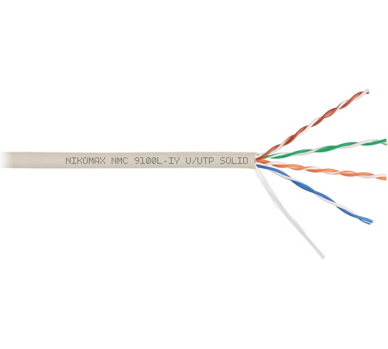 Изображение товара Кабель NIKOMAX U/UTP 4 пары, Кат.5e (Класс D), тест по ISO/IEC, 100МГц, одножильный, BC (чистая медь), 24AWG (0,52мм), полимерный материал нг(А)-LSLTx, внутренний, светло-серый, 305м NMC 9100L-IY