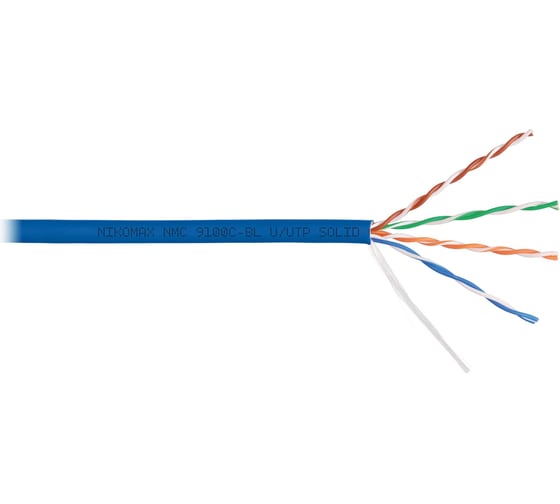 Изображение товара Кабель NIKOMAX U/UTP 4 пары, Кат.5e (Класс D), тест по ISO/IEC, 100МГц, одножильный, BC (чистая медь), 24AWG (0,52мм), полимерный материал нг(А)-HF, внутренний, синий, 305м NMC 9100C-BL