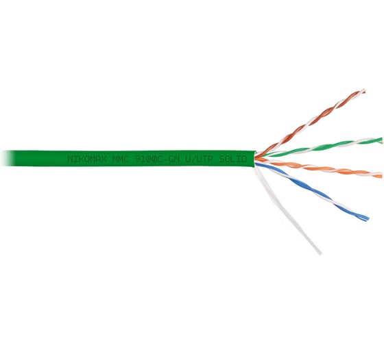 Изображение товара Кабель NIKOMAX U/UTP 4 пары, Кат.5e (Класс D), тест по ISO/IEC, 100МГц, одножильный, BC (чистая медь), 24AWG (0,52мм), полимерный материал нг(А)-HF, внутренний, зеленый, 305м NMC 9100C-GN
