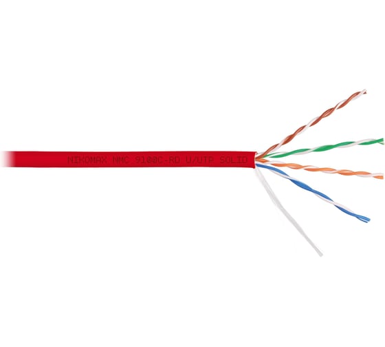Изображение товара Кабель NIKOMAX U/UTP 4 пары, Кат.5e (Класс D), тест по ISO/IEC, 100МГц, одножильный, BC (чистая медь), 24AWG (0,52мм), полимерный материал нг(А)-HF, внутренний, красный, 305м NMC 9100C-RD