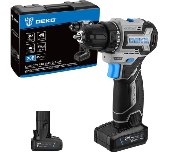 Изображение товара Аккумуляторная бесщеточная компактная дрель-шуруповерт DEKO Loner 20V PRO в кейсе, 20 В, 2x3.0 Ач 085-1010