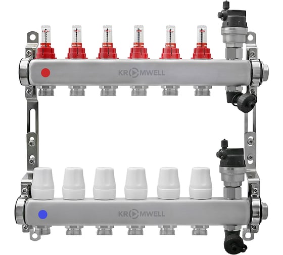 Изображение товара Коллекторный блок KROMWELL из нерж. cтали с расходомерами, в комплекте 1", 6x3/4", "евроконус" KW.SM6000665