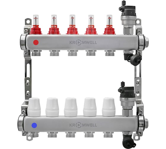 Изображение товара Коллекторный блок KROMWELL из нерж. cтали с расходомерами, в комплекте 1", 5x3/4", "евроконус" KW.SM6000655