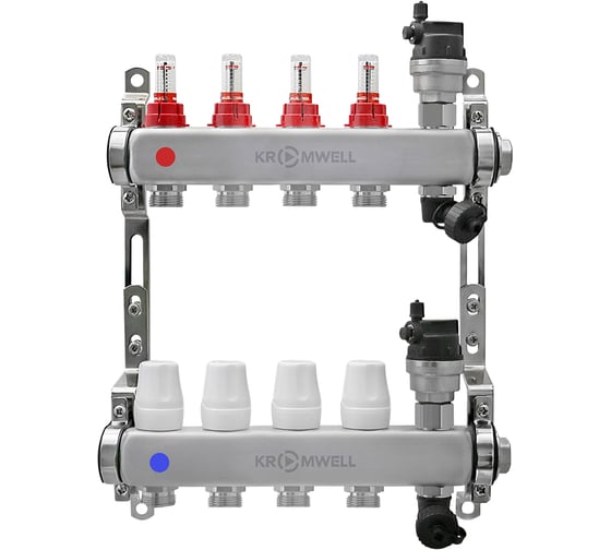 Изображение товара Коллекторный блок KROMWELL из нерж. cтали с расходомерами, в комплекте 1", 4x3/4", "евроконус" KW.SM6000645
