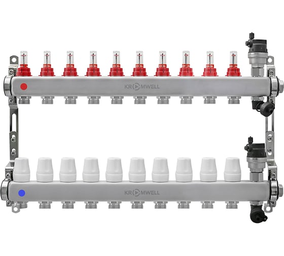 Изображение товара Коллекторный блок KROMWELL из нерж. cтали с расходомерами, в комплекте 1", 10x3/4", "евроконус" KW.SM6006105