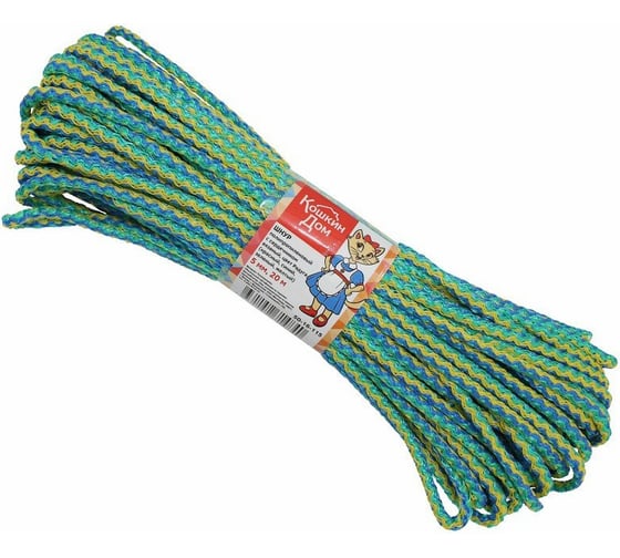 Изображение товара Вязаный полипропиленовый шнур КОШКИН ДОМ с серд. цвет. радуга (красн., син., зел., жёлт.) 5 мм, L 20 м 50-16-115