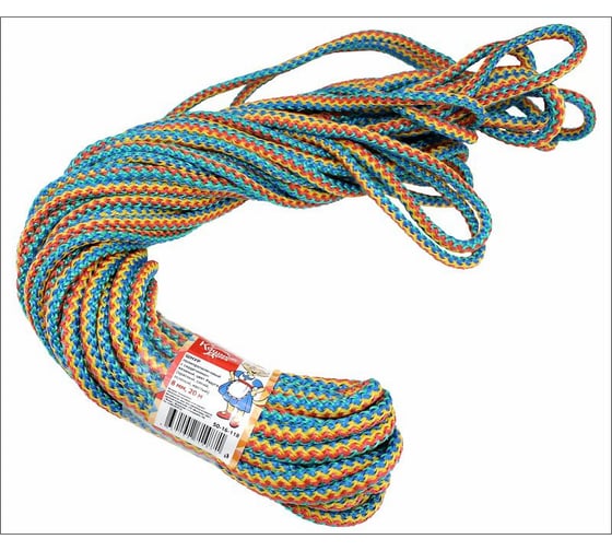 Изображение товара Вязаный полипропиленовый шнур КОШКИН ДОМ с серд. цвет. радуга (красн., син., зел., жёлт.,) 8 мм, L 20 м 50-16-118