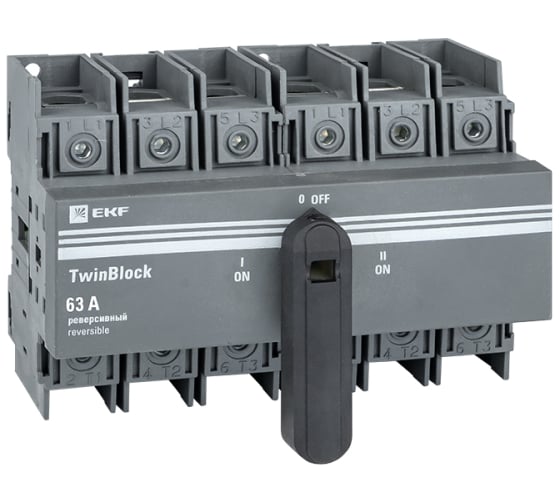 Изображение товара Реверсивный рубильник c рукояткой для прямой установки EKF 63A, 3P, TwinBlock tb-s-63-3p-rev