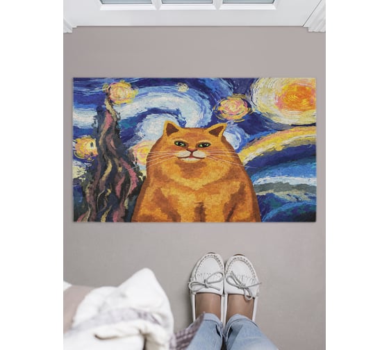 Изображение товара Коврик придверный в прихожую JOYARTY с принтом "Звездная ночь и котик", 45х75 см door_378648