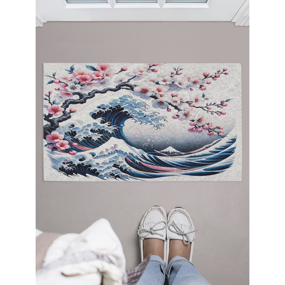 Изображение товара Коврик придверный в прихожую JOYARTY с принтом "Сакура над волной", 45х75 см door_sd1395