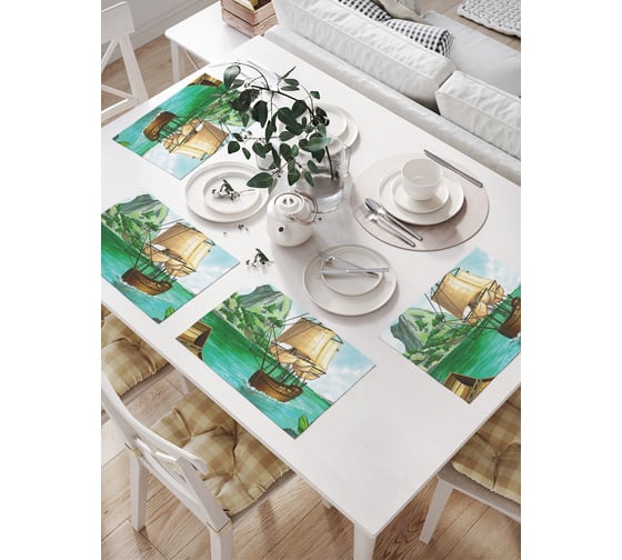 Изображение товара Салфетки на стол для сервировки JOYARTY прямоугольные, плейсмат "Пиратский корабль и сокровища", 32x46 см, в комплекте 4 шт. np_38225