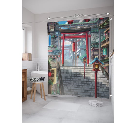 Изображение товара Штора занавеска для ванной тканевая JOYARTY Японский город 180x200 см, sc_420007