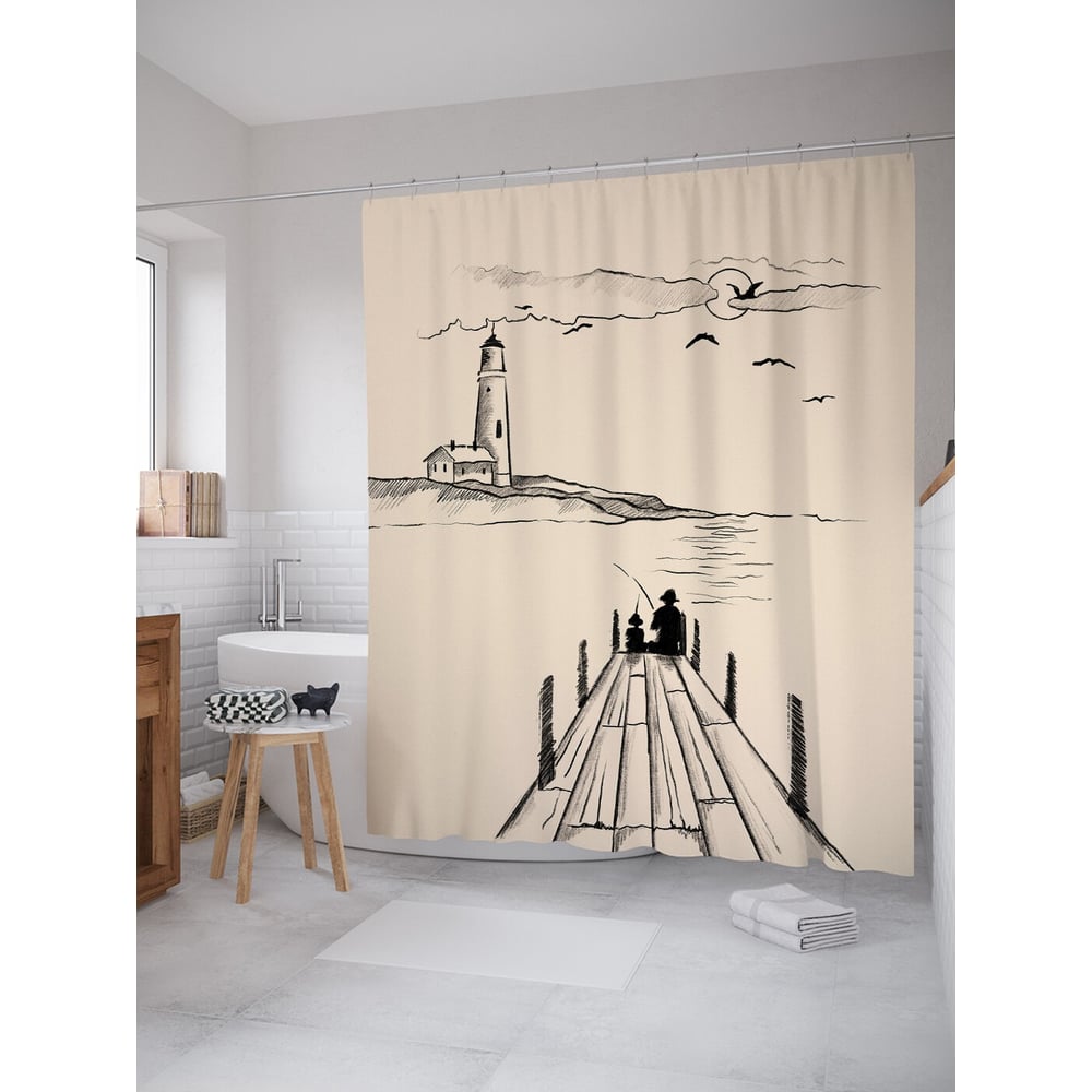 Изображение товара Тканевая шторка для ванной JOYARTY 180x200 см с рисунком рыбалки и маяка