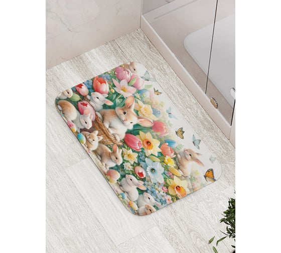 Изображение товара Коврик для ванной комнаты и туалета противоскользящий JOYARTY Кролики в цветах 52x77 см bath_sd1948