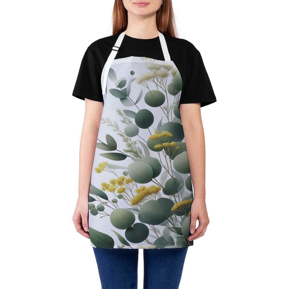 Изображение товара Фартук кухонный JOYARTY "Эвкалипт и цветы", универсальный размер для женщин и мужчин ap_429343